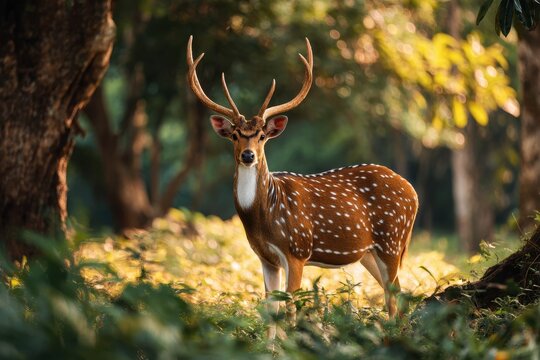 Golden hour view of an axis deer in a grassy clearing