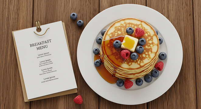 Delicious Stack of Pancakes with Berries and Syrup on a White Plate, Breakfast Menu Nearby