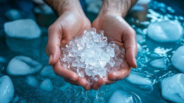 Two hands holding a pile of melting ice cubes over a pool of water with more ice cubes floating around.