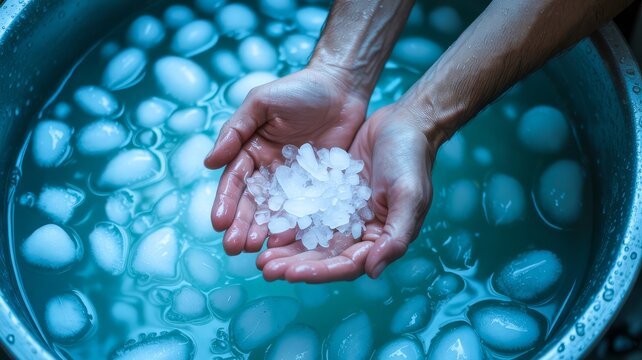 Hands holding crushed ice over a bowl filled with ice cubes and water, creating a refreshing and cooling effect.