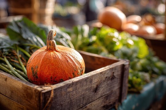 Harvest scene featuring an orange kabocha squash at a busy farmers market