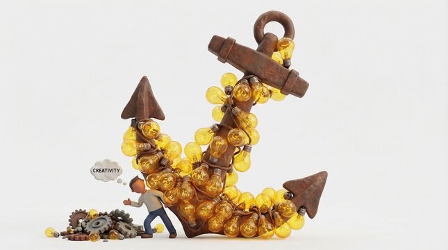 Humorous 3D Concept of Heavy Ship Anchor Made of Glowing Yellow Lightbulb