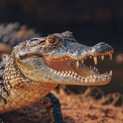 Obraz premium A close-up portrait of a young crocodile. A close-up of a crocodile resting on the shore, capturing the serene beauty and danger of the wild, highlighting the subtleties of nature and the predator's f