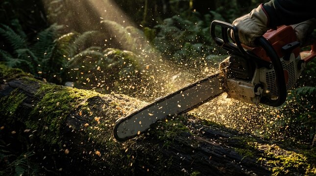Gloved hand operating a chainsaw, cutting a mossy log with wood chips flying. Golden sunlight illuminates the forest. Feeling of hard work and logging.