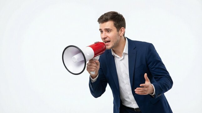 Young Businessman Shouting Announcement Through Megaphone