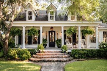 Obraz premium Inviting front porch of a Southern residence featuring classic columns, brick steps, and hanging plants