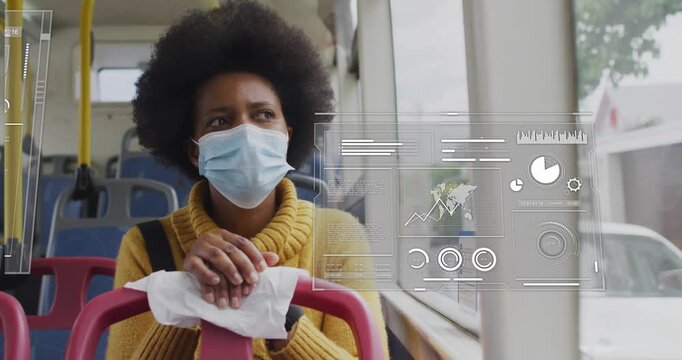 HUD panels sliding right visualizing transit while masked rider watches window holding tissue