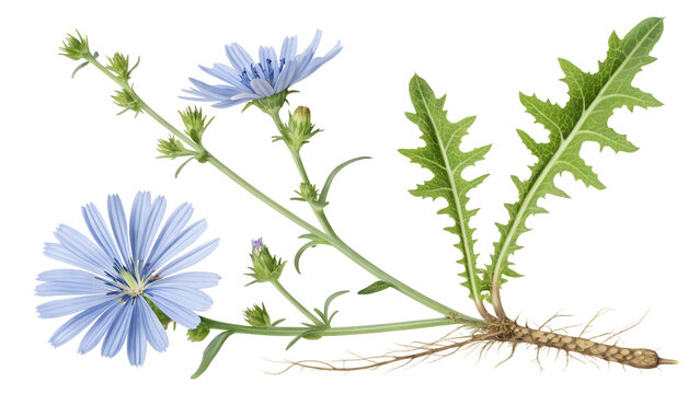 Chicory Plant with Blue Flowers Green Leaves and Taproot Isolated on White