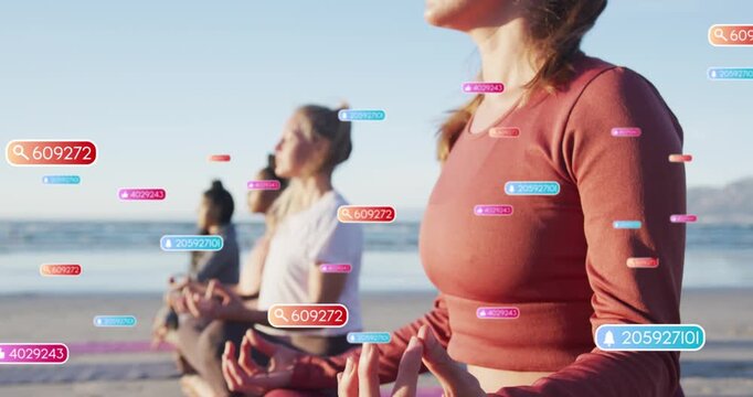 Four women meditating on beach, camera pulling back spawning floating health labels tracking breath