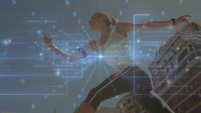 Runner launching from crouch across street, passing through blue HUD collecting fitness data
