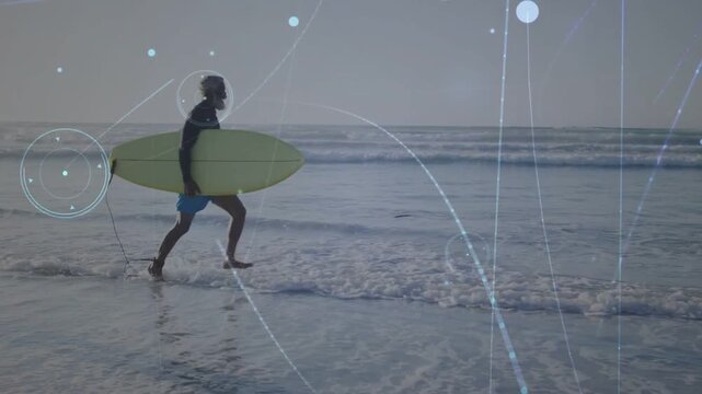 Male surfer entering surf, bounding causing sports HUD glowing purple under feet, follower trailing