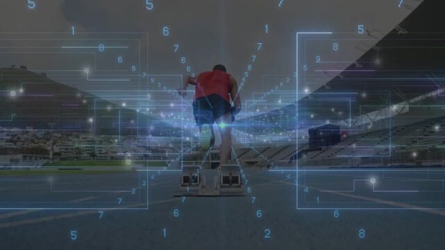 Male sprinter pushing from blocks on track, sports HUD overlay tracking hip trail for coaching