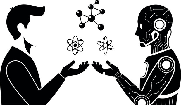 Black and white illustration of a man and a robot exchanging atoms and molecules