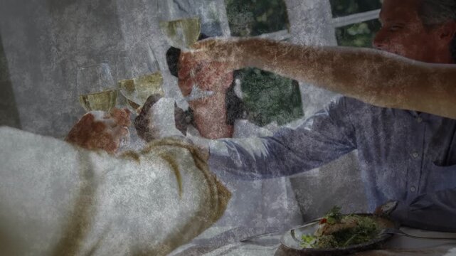 Arms reaching starting dining toast group raising wine glasses crackle overlay partly masking scene