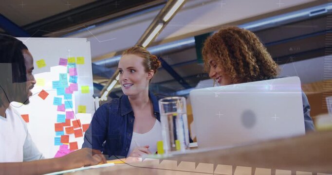 Team leading biz planning table center speaking sparking left joining laptop showing sticky overlay