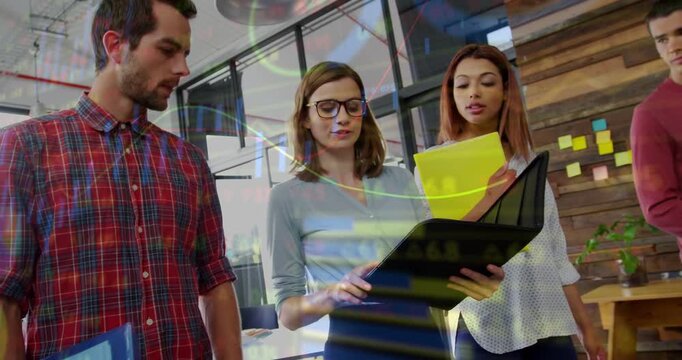 Lead opening binder, flipping pages and guiding business review while data overlays marking pages