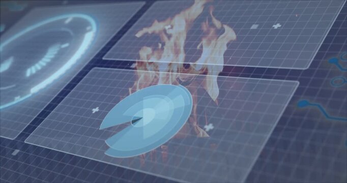 HUD powering up, blue hologram disc rotating, scanning for monitoring while flames burning behind