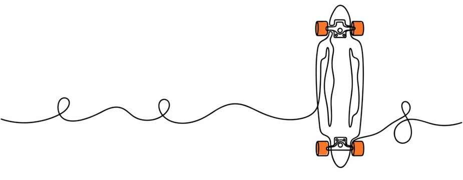 Longboard skateboard rolling along continuous line drawing. no editable strokes