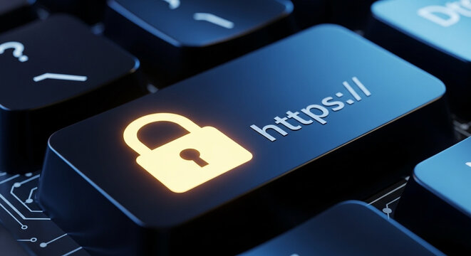 Closeup of a computer keyboard key with a glowing yellow padlock icon and https text indicating a secure internet connection  
