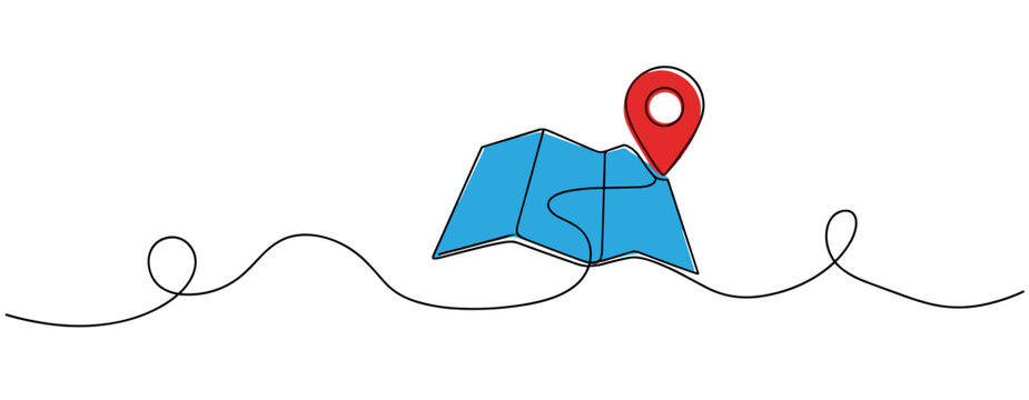 Folded map with location marker on white background continuous line. no editable strokes