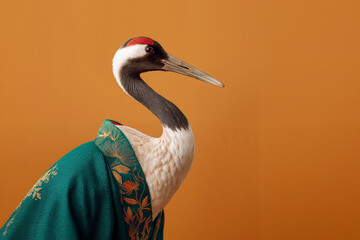 Obraz premium Red-crowned crane wearing a traditional green kimono with gold embroidery, surreal conceptual portrait with a minimalist orange background, Japanese heritage art style.