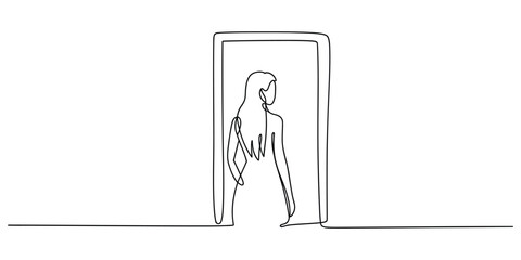 Fototapeta premium A continuous line drawing of a woman standing in a doorway looking towards the right side view
