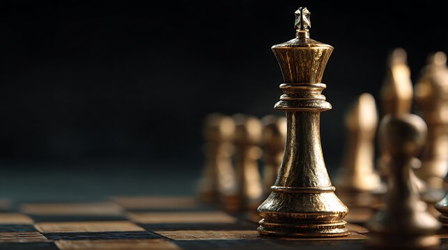 A close-up view of a chessboard with a gold queen piece standing prominently in the foreground.