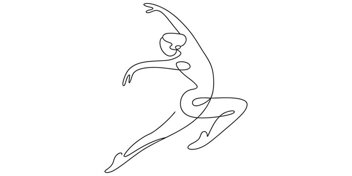 Continuous single line drawing of a graceful ballet dancer performing a dynamic leap in the air