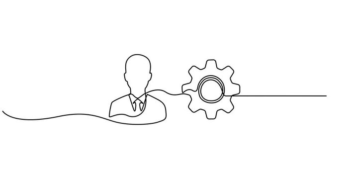 User person icon with gear continuous one line drawing on white background, Human head with gear business icon continuous one line drawing for management and process concept.