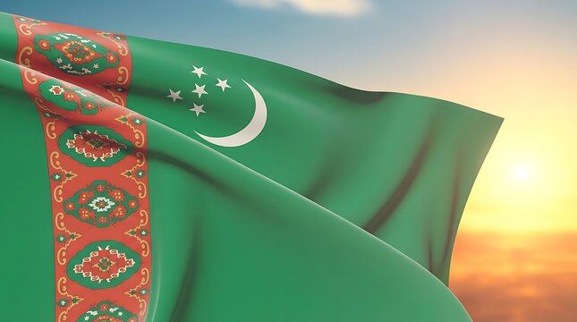 Turkmenistan flag waving in warm sunset sky