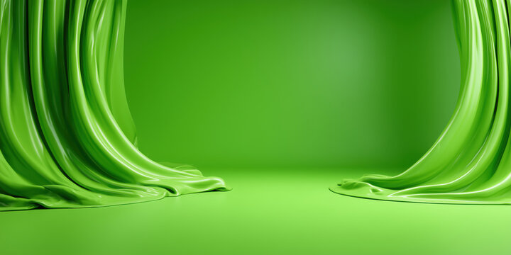 Green stage curtains opening on empty studio background