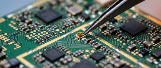 Obraz premium Tweezers handling small electronic component on circuit board