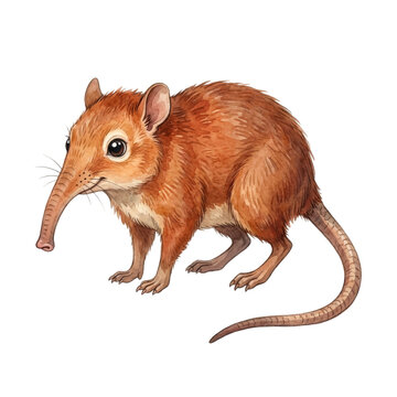 Watercolor illustration of a cute sengi, also known as an elephant shrew, with its long snout and small body.
