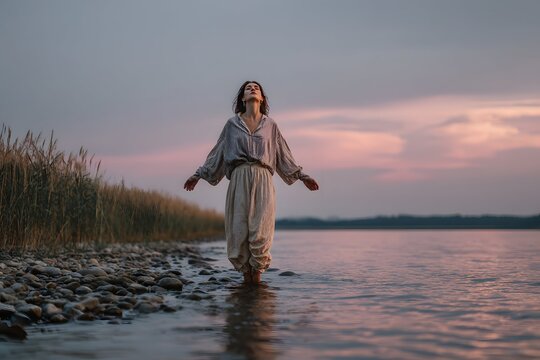 Awareness arises as a barefoot person stands by rippling water beneath pastel skies.