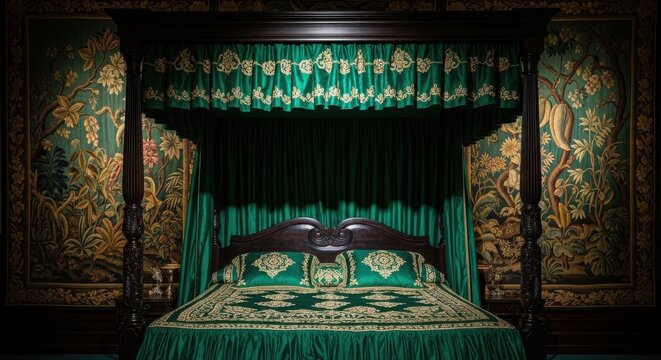 Antique four-poster bed draped in rich green velvet with ornate gold embroidery and dark wood frame, luxurious bedroom interior