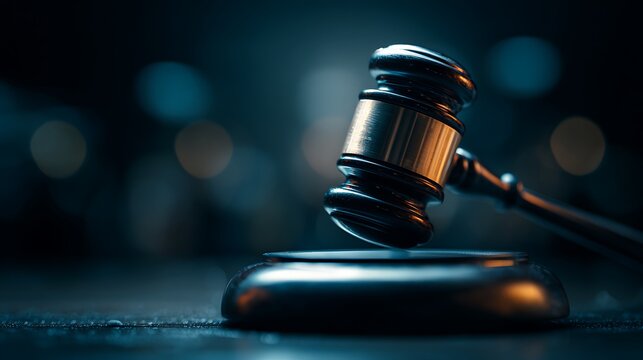 A judge's gavel rests on its block in a dimly lit courtroom environment.