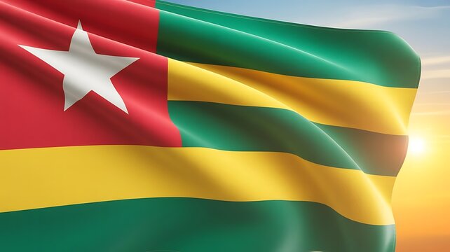 Togo flag waving in bright golden sunset sky