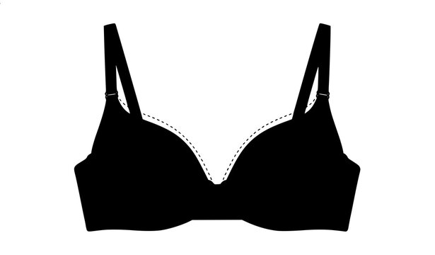 Satin silk push up bra technical flat sketch with seam details black fashion vector isolated on white background
