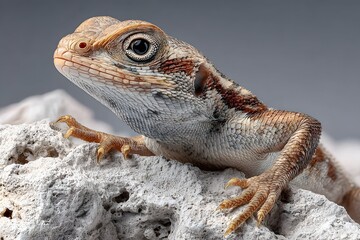 Obraz premium Lizard perched on rugged rock, its intricate scales and sharp eyes vividly illuminated.