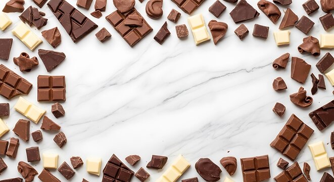 Assortment of Chocolate Bars and Pieces on Marble Background