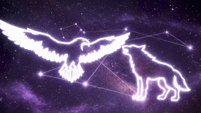 Animated constellations of eagle and wolf appearing in starry night sky