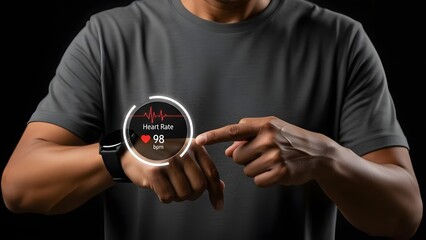 Man in a grey t-shirt is pointing to his smartwatch, which clearly displays a real-time heart rate of 98 beats per minute, indicating health monitoring.