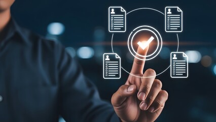 Man's finger touches a glowing digital interface showing a central checkmark surrounded by document icons, representing efficient document management.