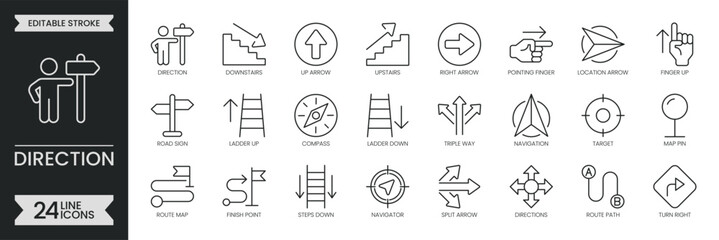 Direction outline icon set. Containing navigation wayfinding, guidance, route, location, pin, path, way, pointing, map, destination, road and more. Editable stroke icons pack. Vector illustration © SomDraw