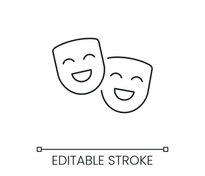 Comedy theater masks line icon. Drama performance acting entertainment stage show comedy arts. Line with editable stroke single symbol. Thin linear style sign. Outline vector illustration