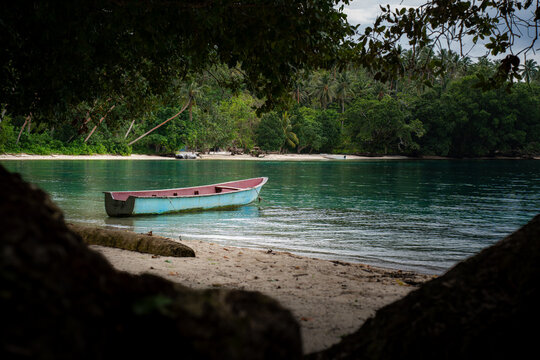 View of a serene turquoise boat rests on a sandy shore, framed by dark foliage against the backdrop of lush green trees, Gizo, Gizo, Solomon Island.