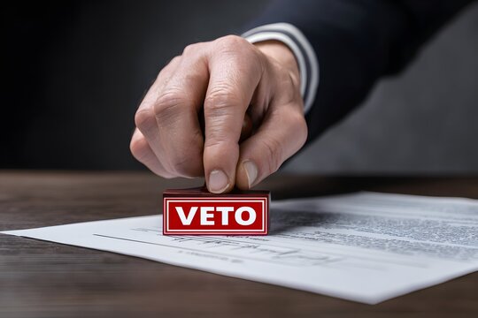 A hand decisively stamps veto, radiating authority and decisive fire.