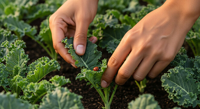 Woman inspecting kale leaves and removing ladybug in garden  
