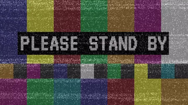 Vintage television screen. Tv static color noise glitch error video with please stand by text animtaion. 4K Video
