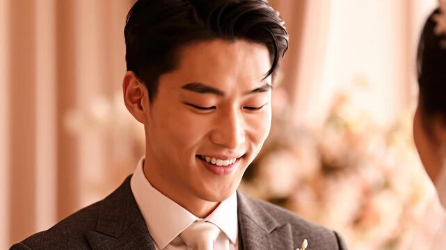 結婚式で新婦を優しく見つめる新郎。誓いの瞬間に恥ずかしそうに微笑むアジア人男性。純粋な愛のコンセプト